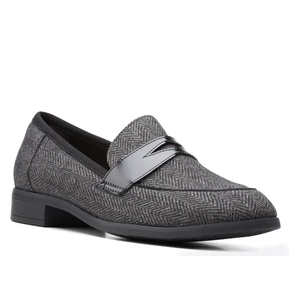 CLARKS TRISH ROSE GRAY HERRINGBONE PENNY LOAFER ALMOND MOC TOE SHOE